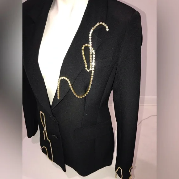 BNWT Custom OPEN EDIT Black Blazer Button Closure Crystal Trim Bling Ladies M